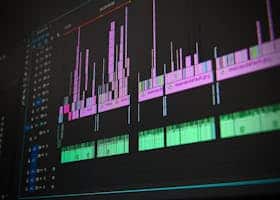 Close-up of a professional audio and video editing software interface with waveform displays.