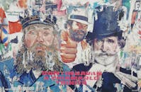 A vibrant vintage-style movie poster with iconic film characters on a worn wall in Turin, Italy.